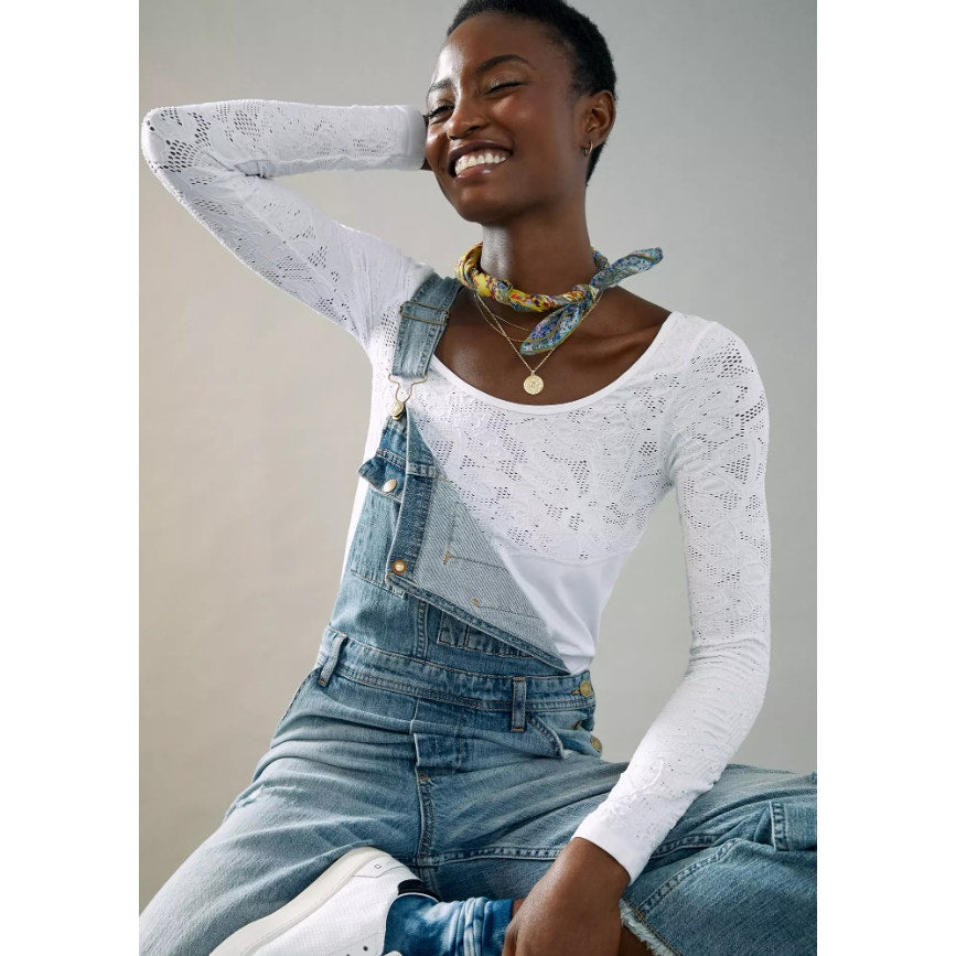 by Anthropologie White Floral Seamless Long Sleeve Boat Neck Top Womens Small