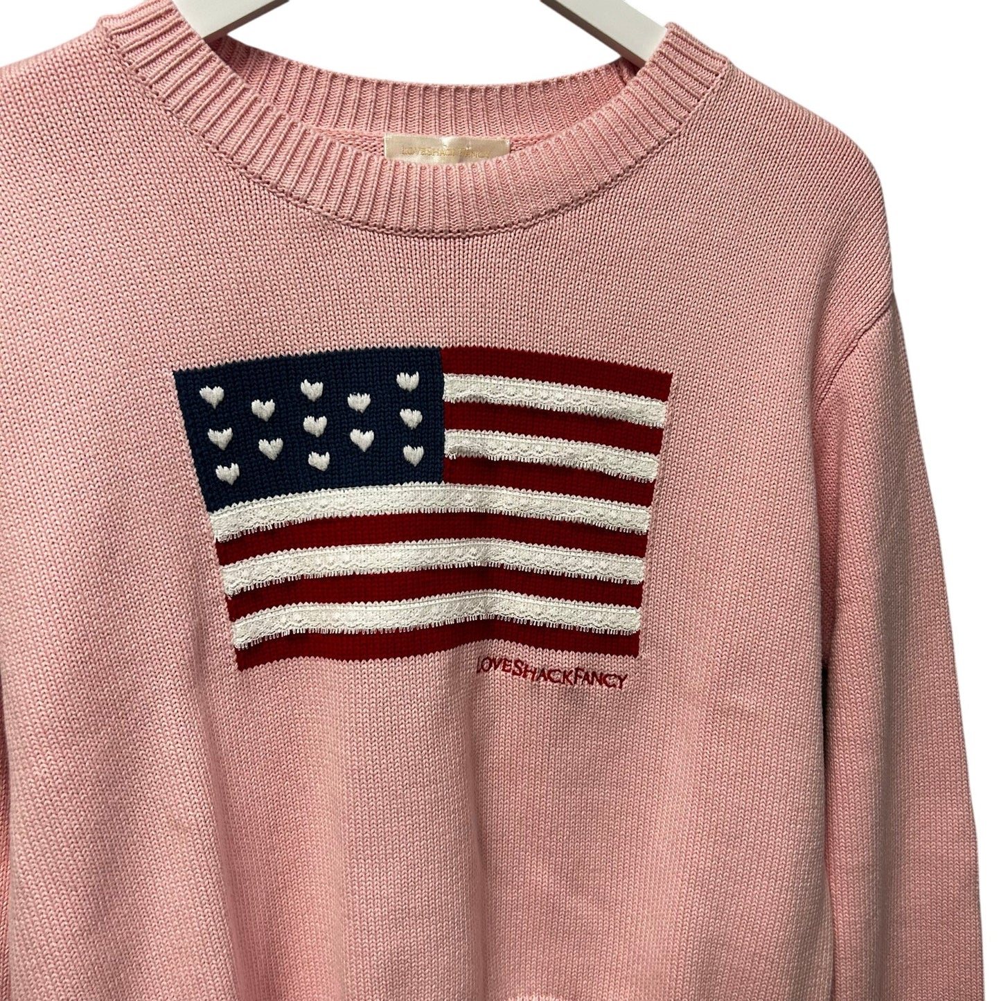 LoveShackFancy Blushing Liberty Pink Ty Cotton Flag Pullover Sweater Womens XS