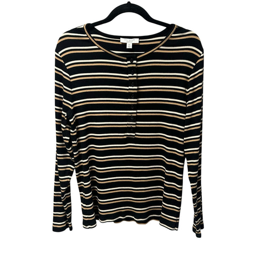 Ann Taylor Weekend Collection Black Tan Cream Stripe Henley Top Womens XXL