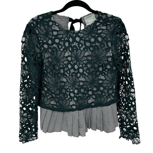 Maeve Black White Gingham & Green Lace Pleated Hem Tie Back Top Womens Small