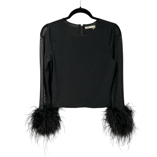 Alice + Olivia Black Delaina Feather Trim Cuff Mesh Long Sleeve Top Womens XL