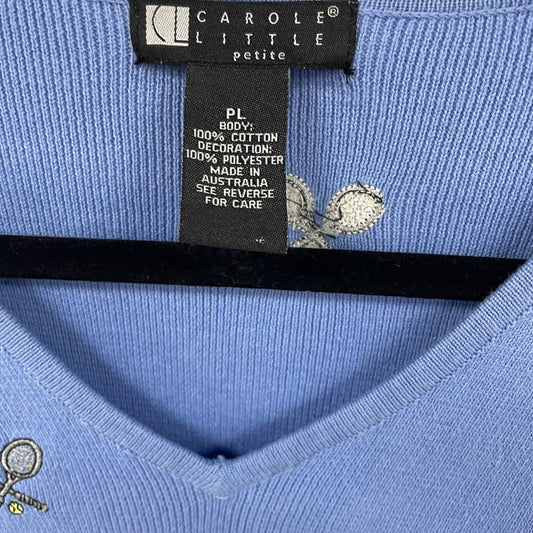 Vintage Carole Little Tennis Theme Embroidered Blue Sweater Petite Large AS IS