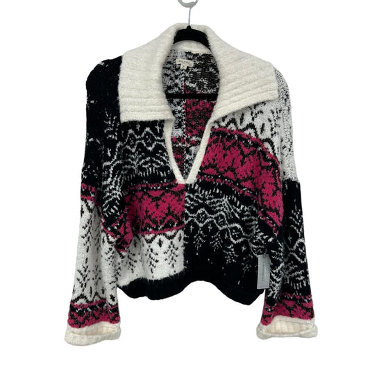 NWT Pilcro V-Neck Fuzzy Printed Collared Popover Sweater Womens Petite Small