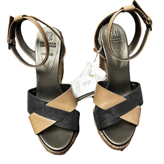 Brunello Cucinelli Tan Black Leather Espedrille Wedge Sandals Womens 9