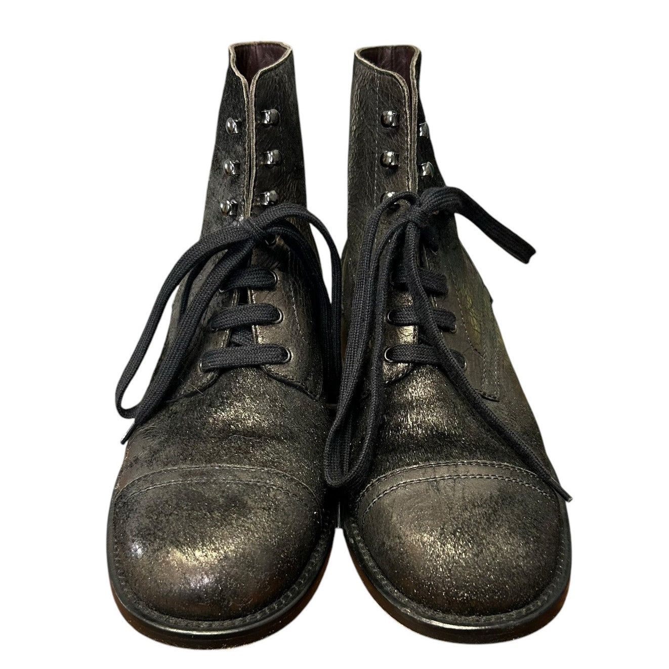 Chanel Dark Grey Metallic Lace Up Leather Short Boots Womens 39.5 / US 9.5