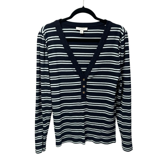 Ann Taylor Navy Weekend Collection Striped Puff Sleeve Henley Top Womens XXL