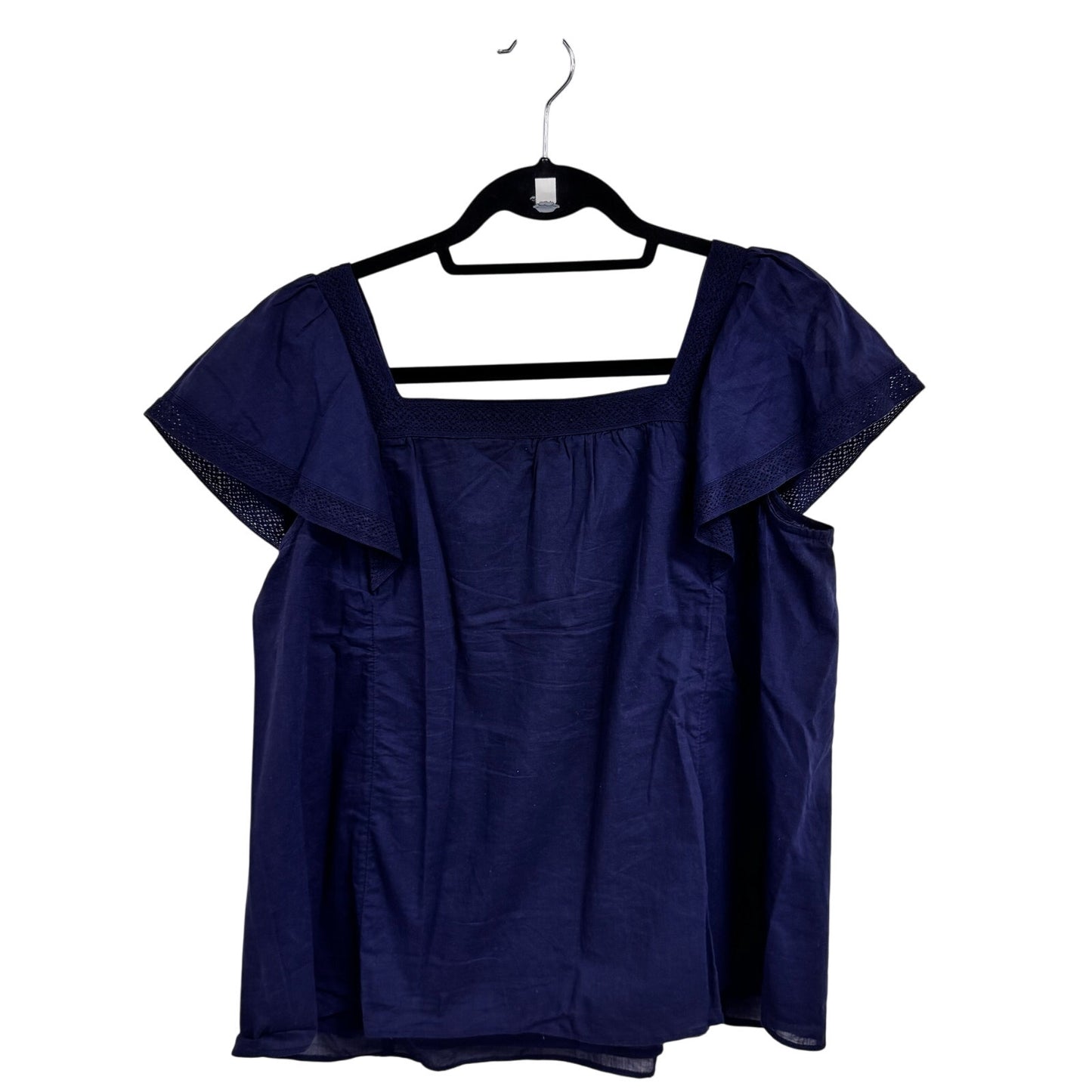 Draper James Short Sleeve Square Neckline Lace Trim Navy Maren Top Womens Small