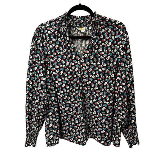 Boden Ellie Smocked Black Multi Floral Print High Neck Top Womens US 16 / 18