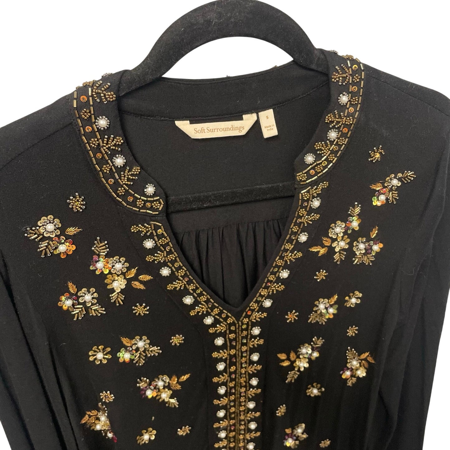 Soft Surroundings Festa Tunic Top Black Gold Beaded Floral Womens Size Small