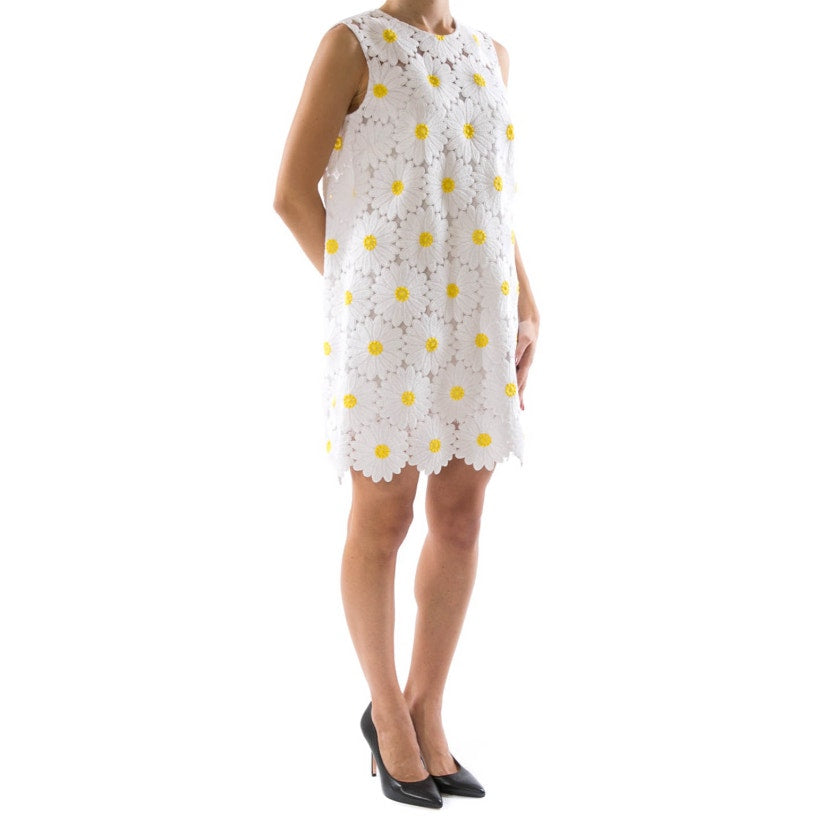 Dolce & Gabbana White Yellow Daisy Macrame Sheath Mini Dress Womens 38 / US 2