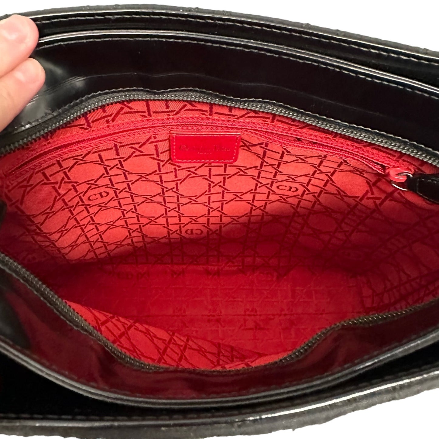 Vintage Christian Dior Cannage Double Handle Quilted Leather Trim Handbag Black