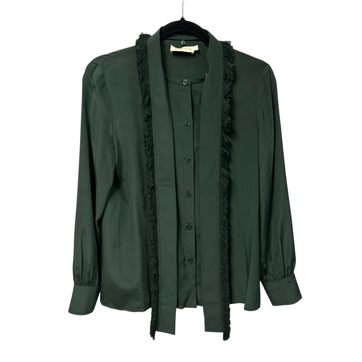Tory Burch Green 100% Silk Long Sleeve Fringe Tie Button Up Shirt Womens Size 4