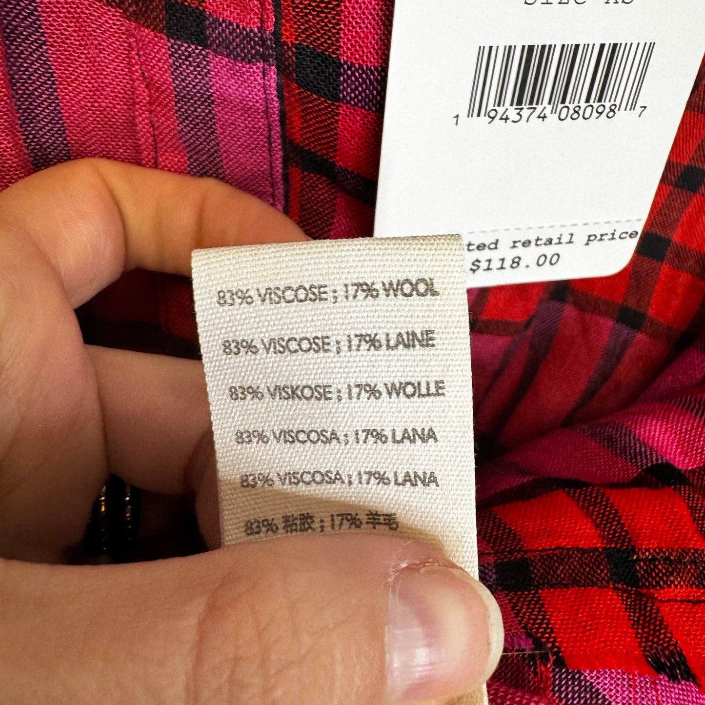 NWT Free People Red Pink Plaid Drawstring Sleeve Button Down Top Womens X-Small