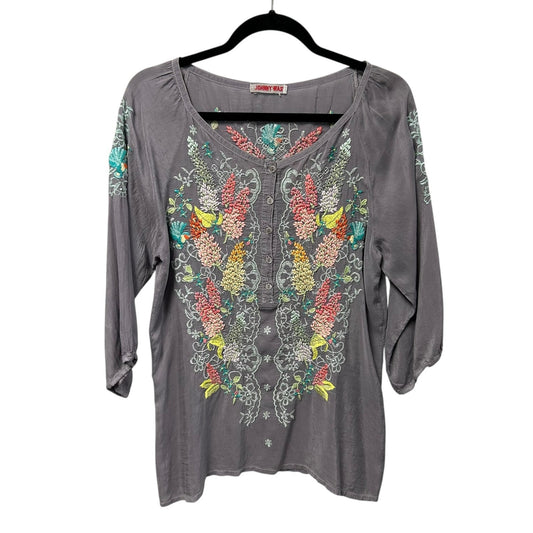 Johnny Was Gray Multicolor Floral Print 3/4 Sleeve Button Front Top Womens Small