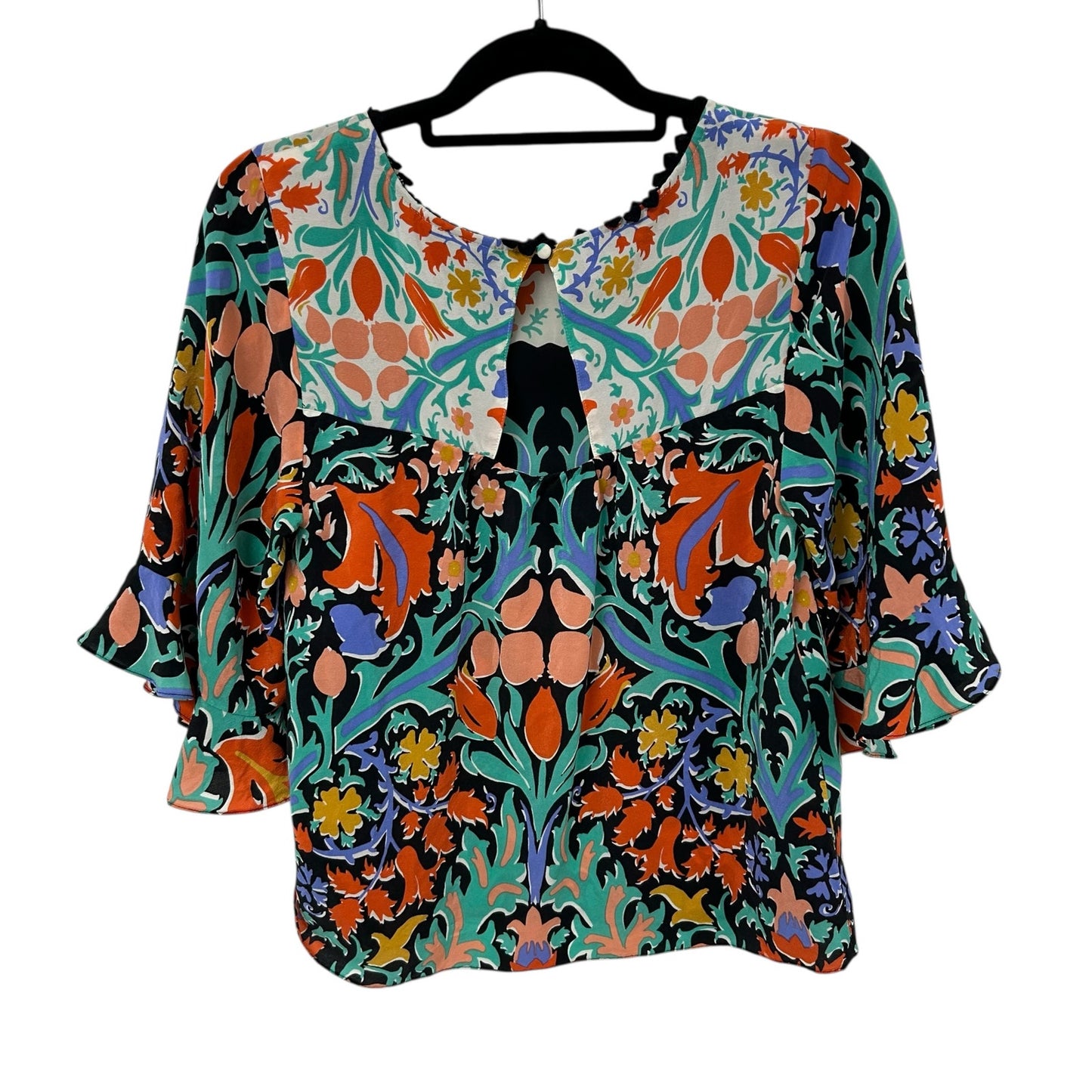 Maeve Black Multi Folkart Floral Print Short Sleeve Silk Kimono Top Womens 6