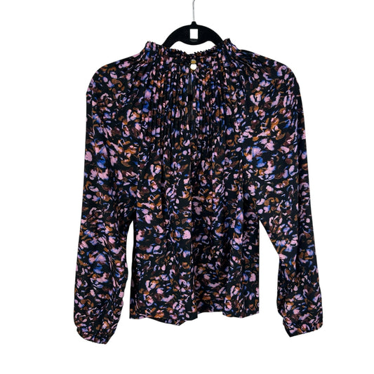 NWT Marie Oliver Black Electric Multi Arden Pleated Ruffle Neck Blouse Womens XS