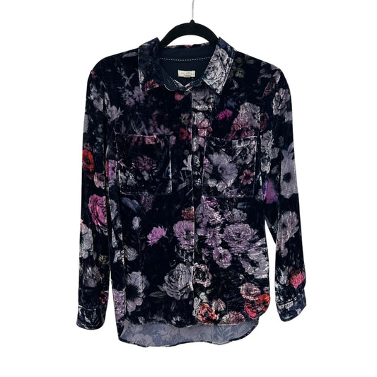 Pilcro The Hadley Purple Pink Floral Print Relaxed Button Down Velvet Womens XS