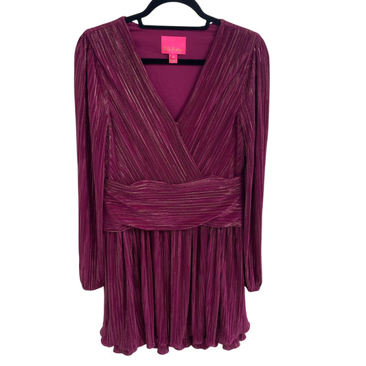 Lilly Pulitzer Jessamie Metallic Ruffle Long Sleeve Dress Mulberry Foil Womens 8