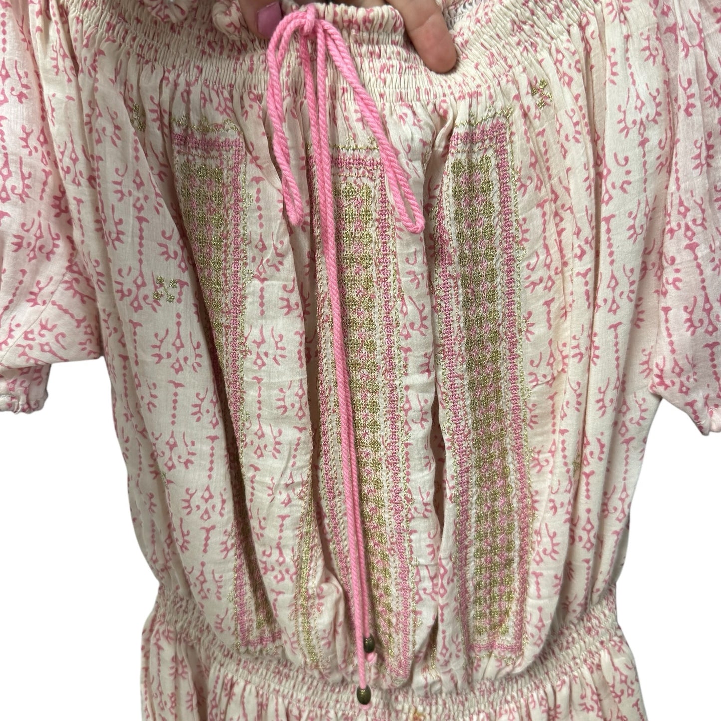 Alicia Bell Pink Ivory Short Puff Sleeve Smocked Cotton Mini Dress Womens Small