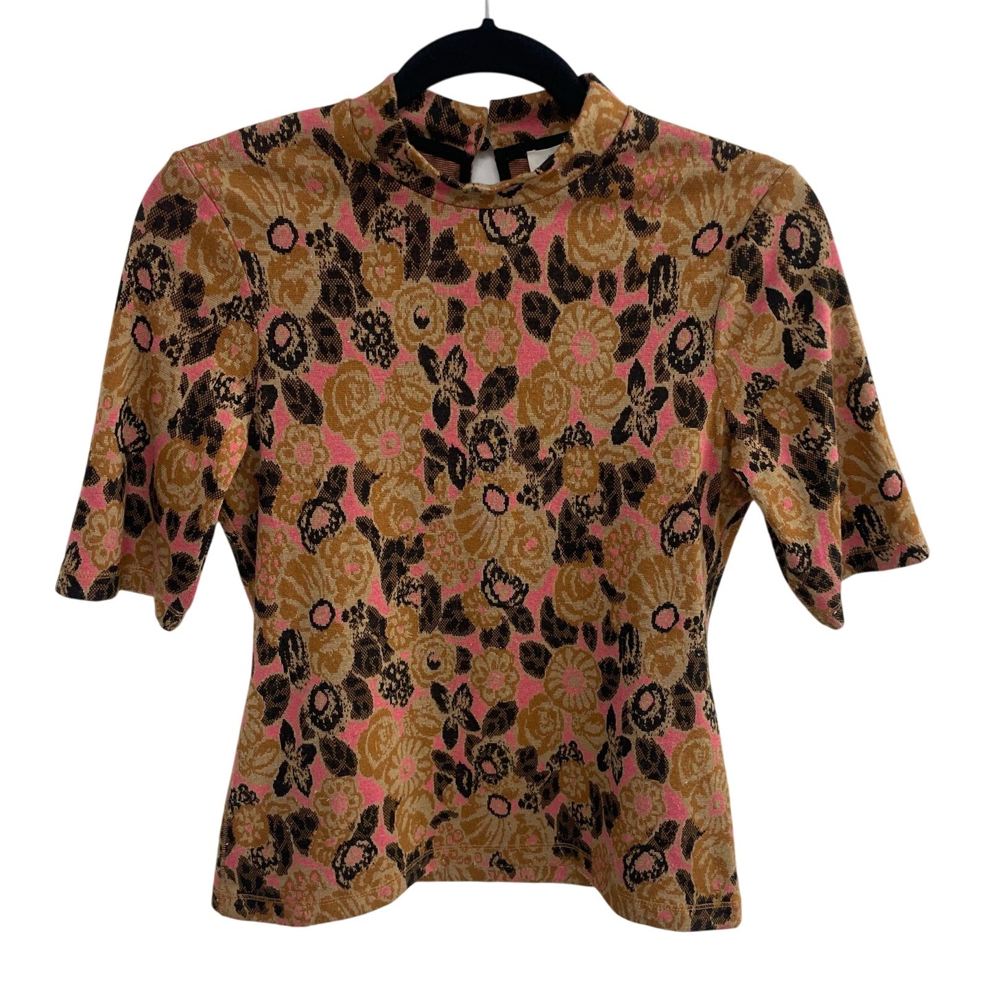 Anthropologie Maeve Mock Neck Jacquard Floral Knit Tan Pink Top Womens Small