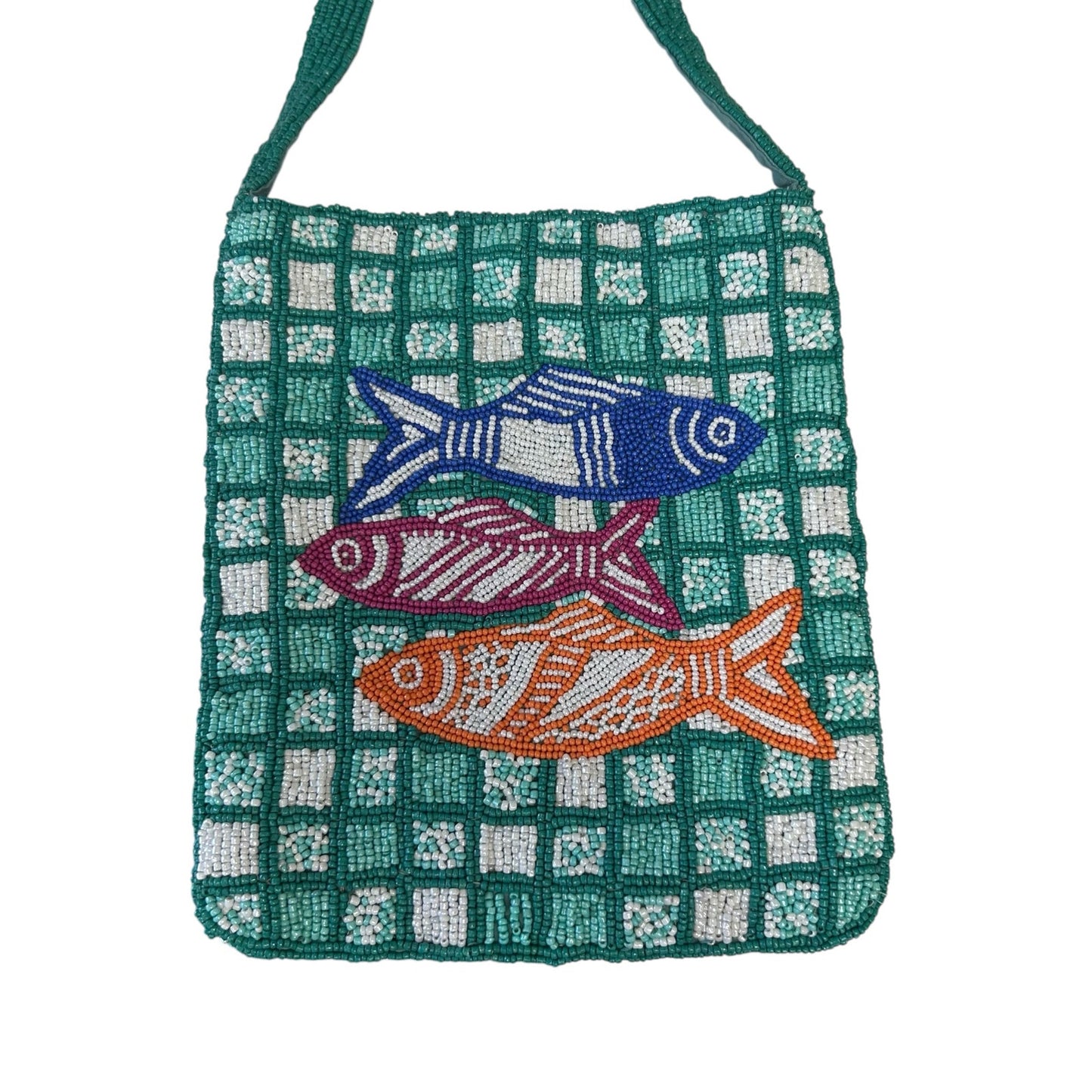 Zara Green Multicolor Beaded Sardine Fish Print Mini Bucket Single Strap Bag