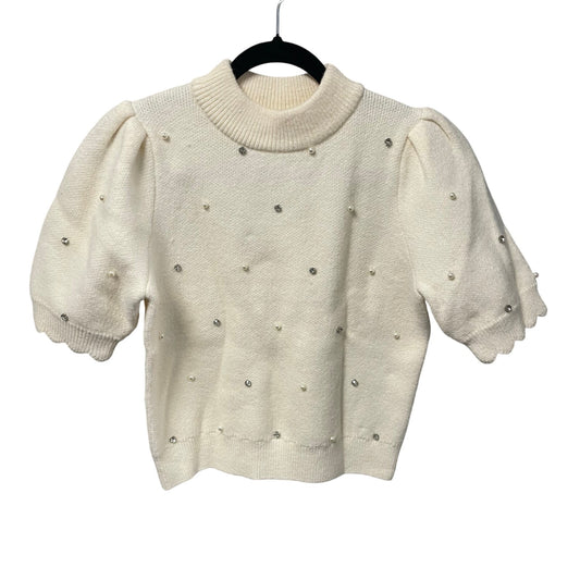English Factory Scalloped Puff Sleeve Embellishment Knit Sweater Ivory Small