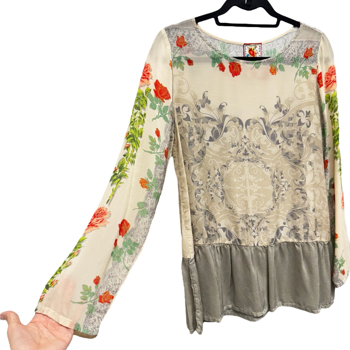 Johnny Was Floral Print Long Sleeve Round Neck Baby Doll Top Womens X-Small