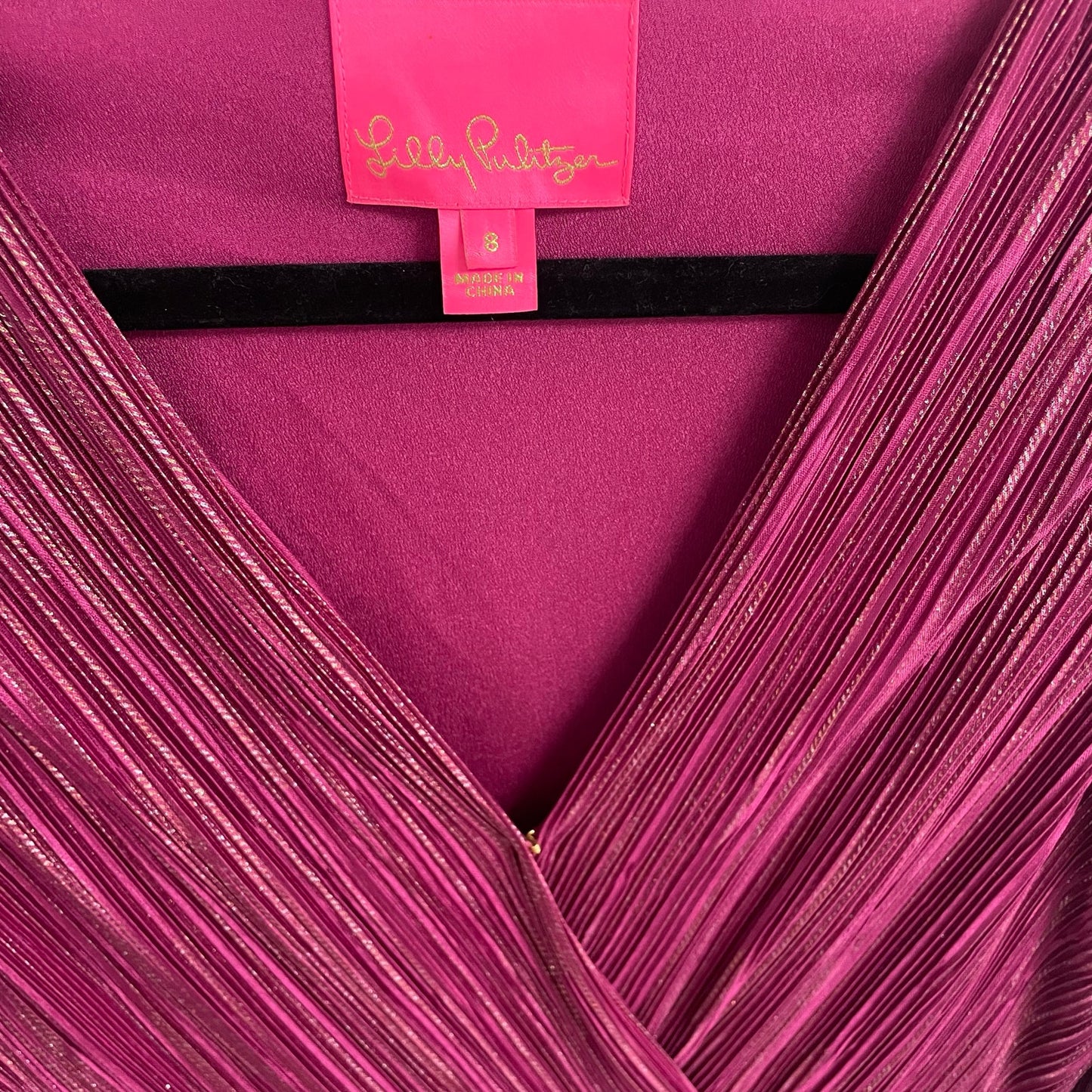 Lilly Pulitzer Jessamie Metallic Ruffle Long Sleeve Dress Mulberry Foil Womens 8