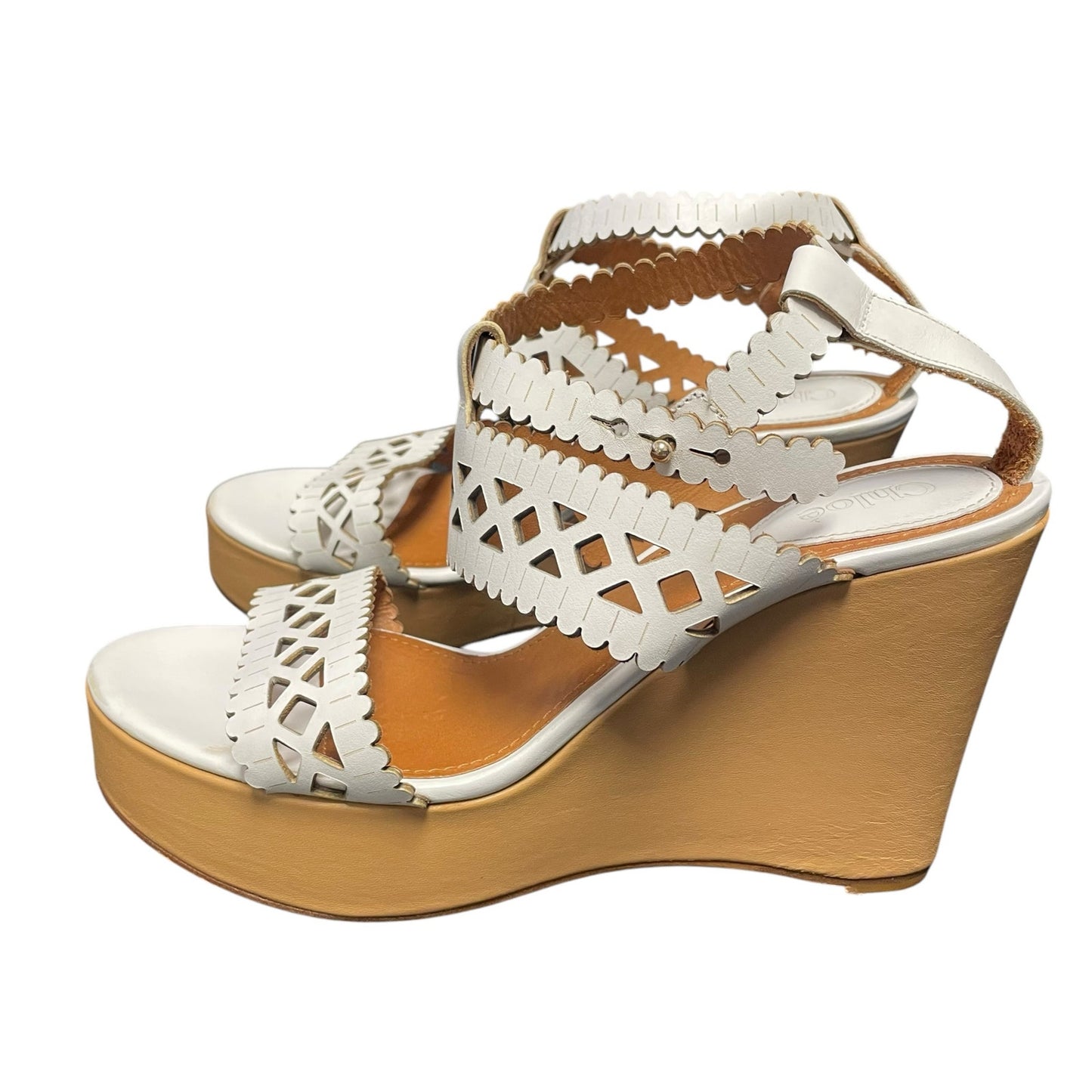 Chloe White Laser Cutout Leather Platform Wedge Sandals 38.5 / US 8