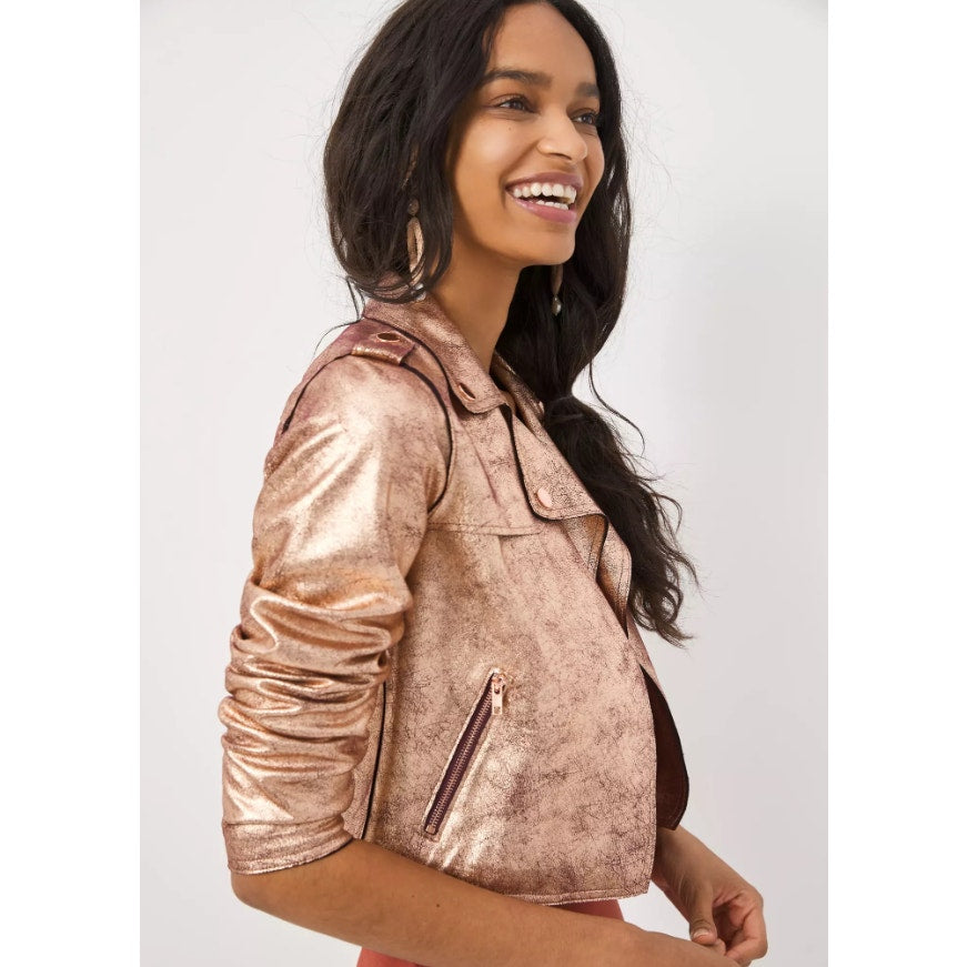 NWT Anthropologie Brisa Metallic Cropped Faux Leather Moto Jacket Womens Small