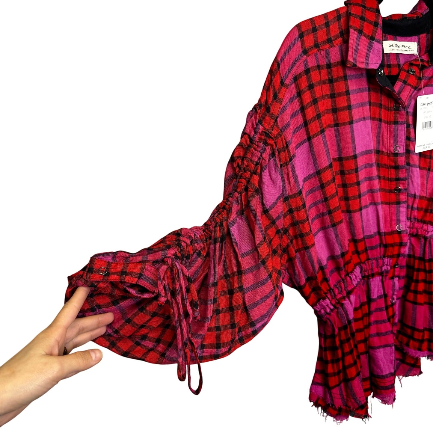 NWT Free People Red Pink Plaid Drawstring Sleeve Button Down Top Womens X-Small