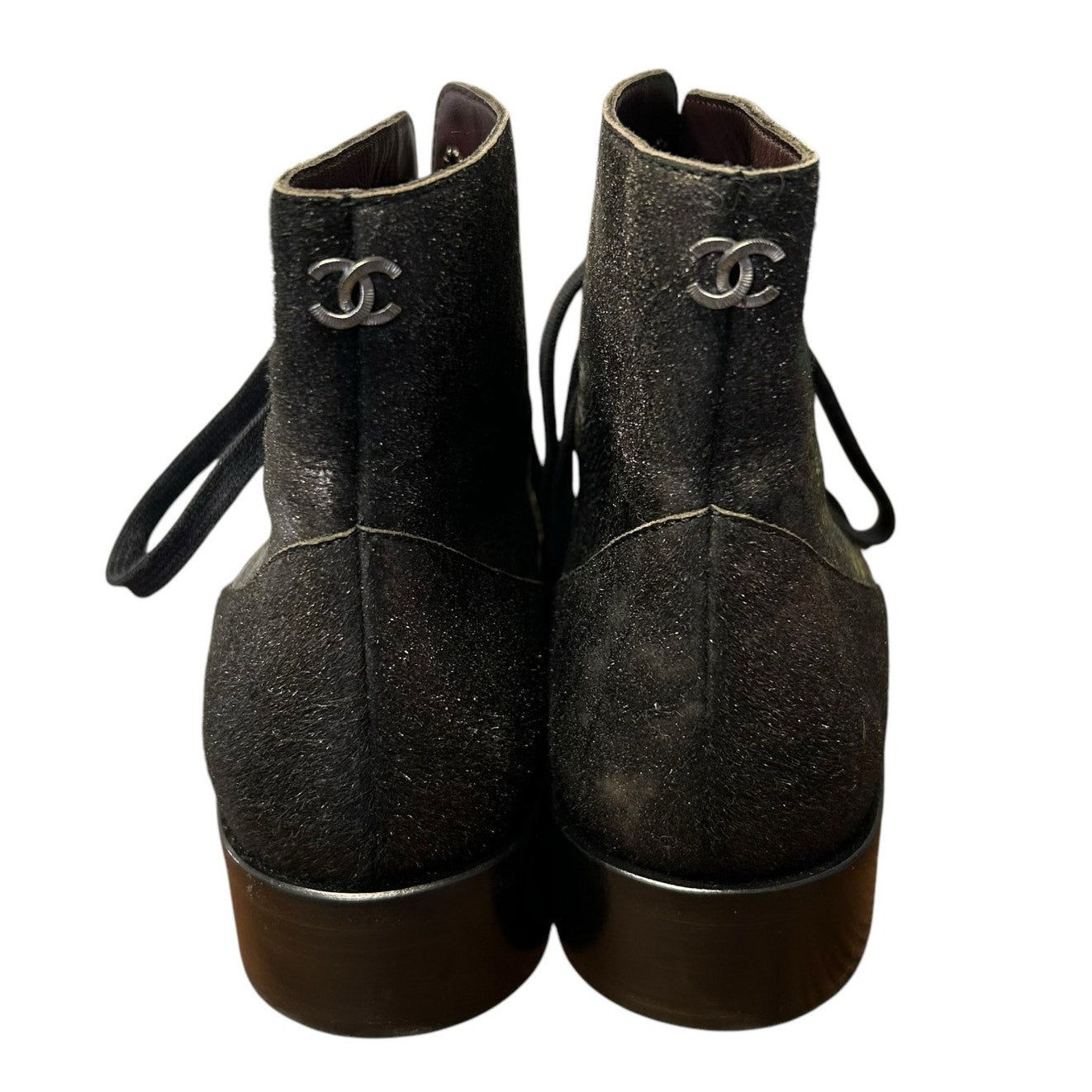 Chanel Dark Grey Metallic Lace Up Leather Short Boots Womens 39.5 / US 9.5