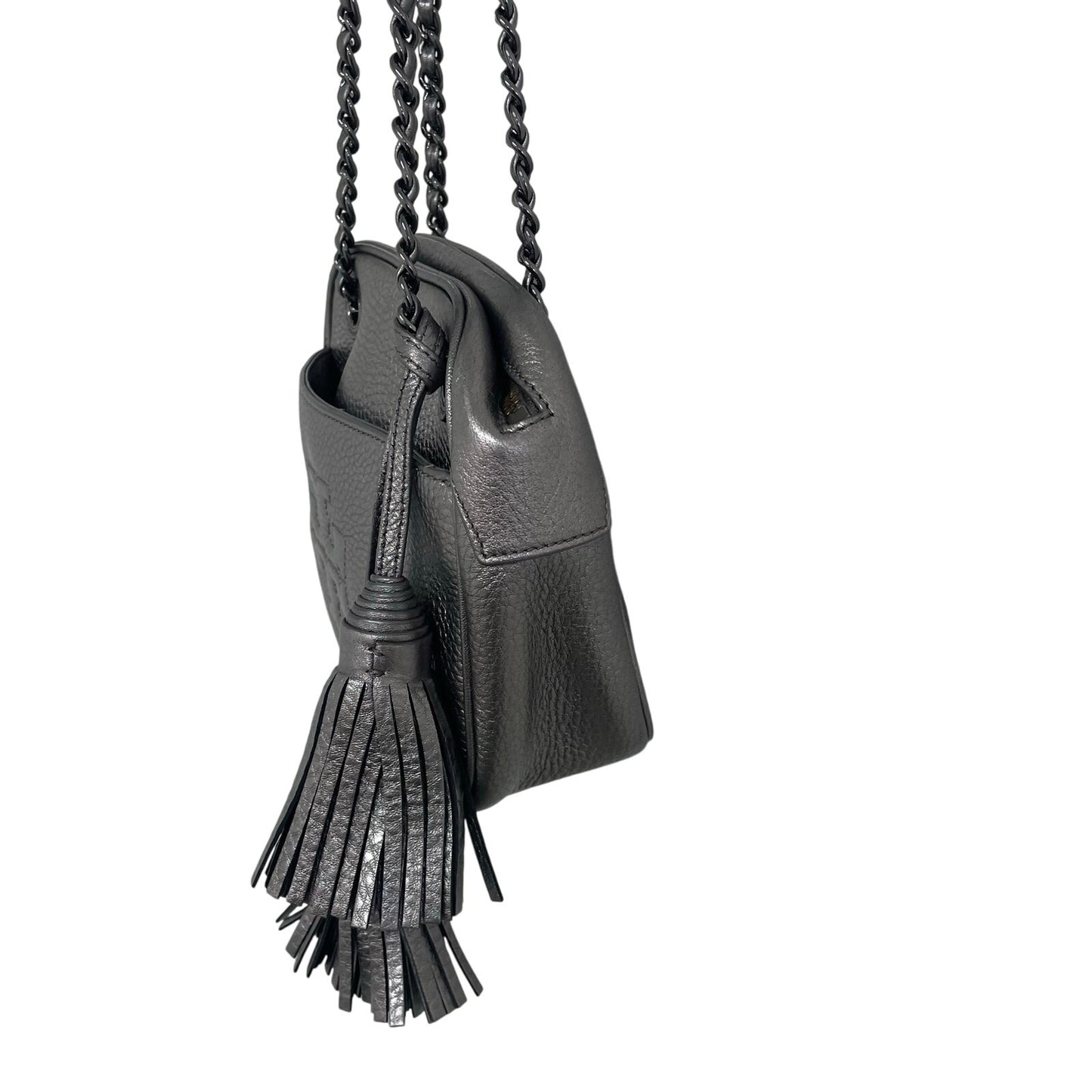 Tory Burch Thea Chain Convertible Crossbody Handbag Gunmetal Metallic Leather