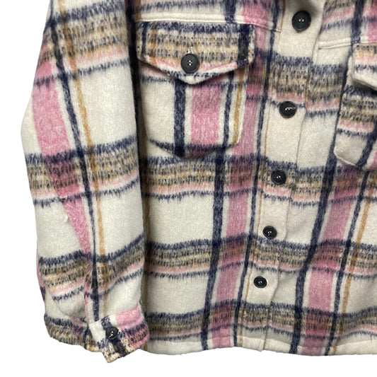 Avec Les Filles Pink Cream Plaid Button Front Shirt Jacket Womens Plus Size 3X