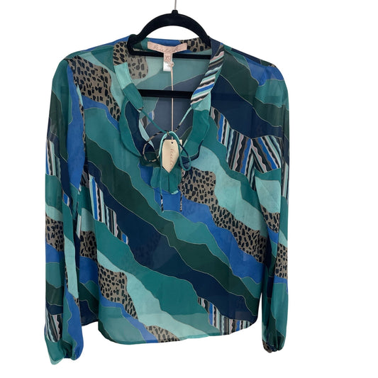 NWT Hutch Sheer Tie Front Blue Green Animal Mixed Print Long Sleeve Top Size XS