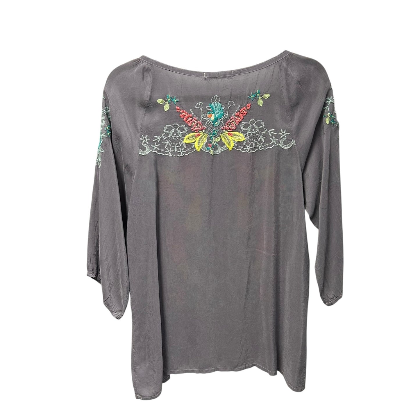 Johnny Was Gray Multicolor Floral Print 3/4 Sleeve Button Front Top Womens Small