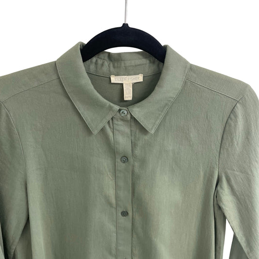 Eileen Fisher Organic Cotton Long Sleeve Light Green Twill Shirt Dress Size XXS
