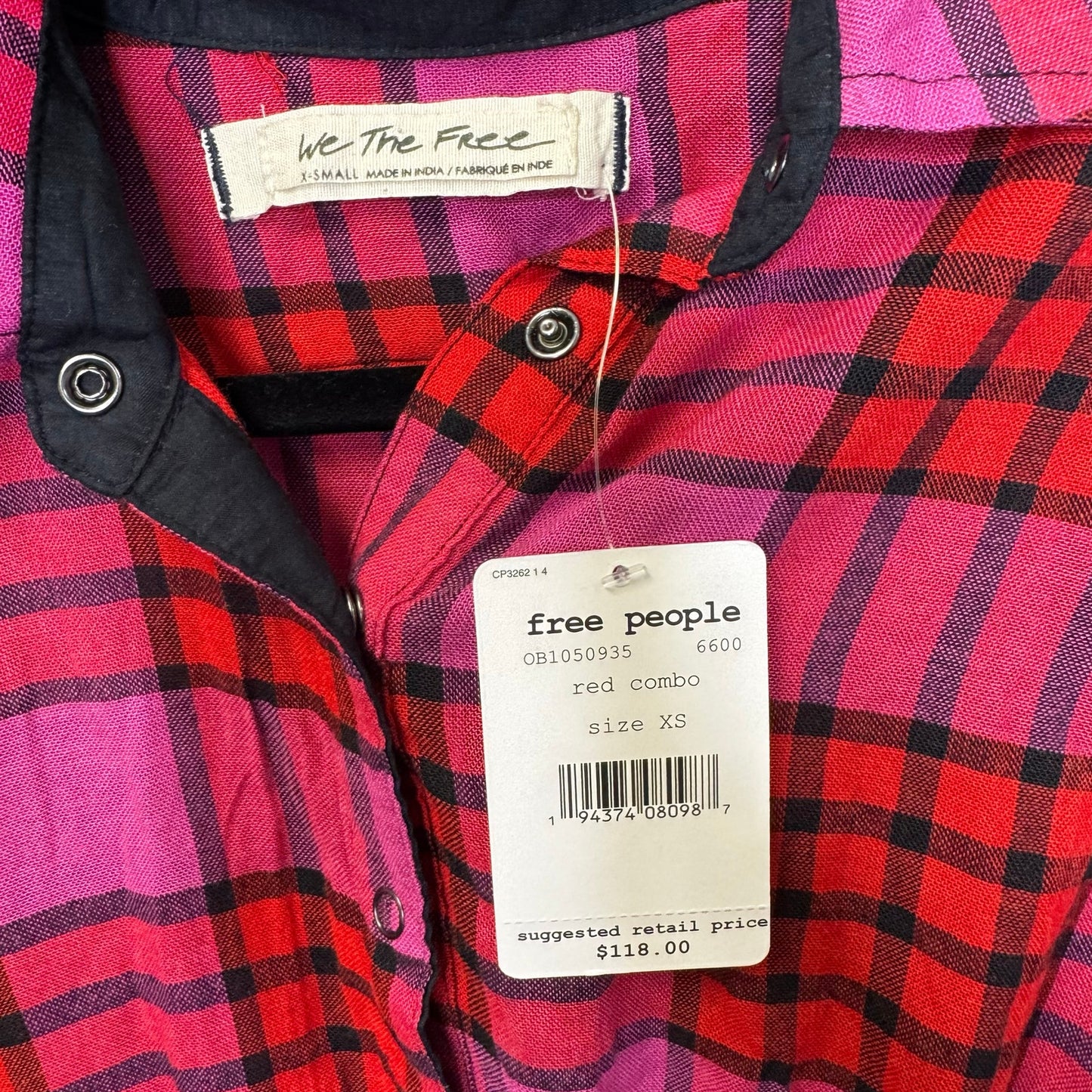 NWT Free People Red Pink Plaid Drawstring Sleeve Button Down Top Womens X-Small