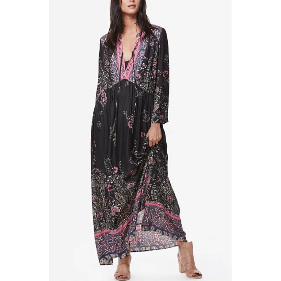 Free People Black Pink Floral Print If You Only Knew Midi Dress Womens Size XS