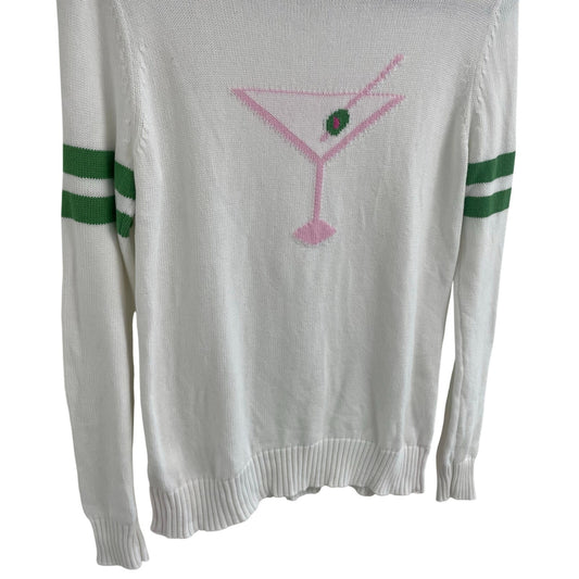 Pink Pineapple Martini Time Sweater White Pink Green Knit Crewneck Womens Small