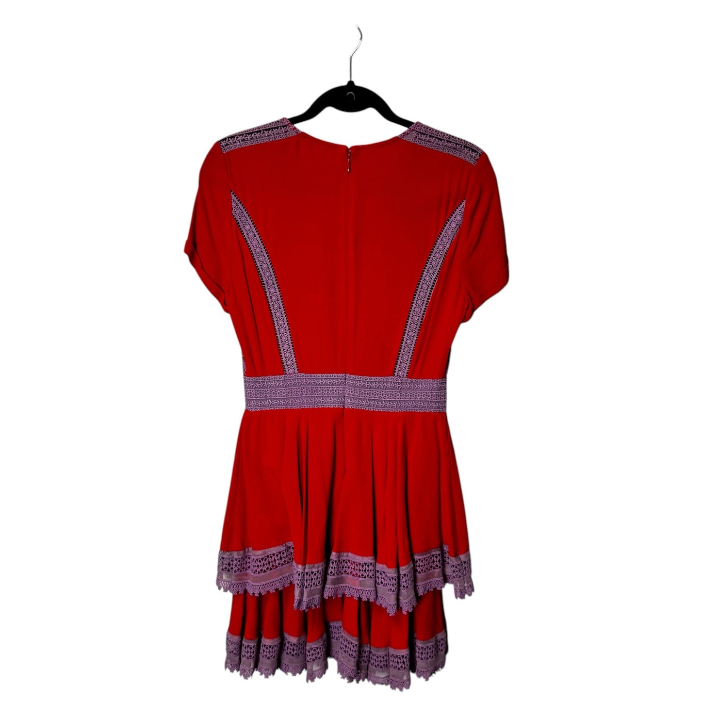 Maje Red Purple Lace Short Sleeve Raglia Flounce Tiered Mini Dress Womens 1