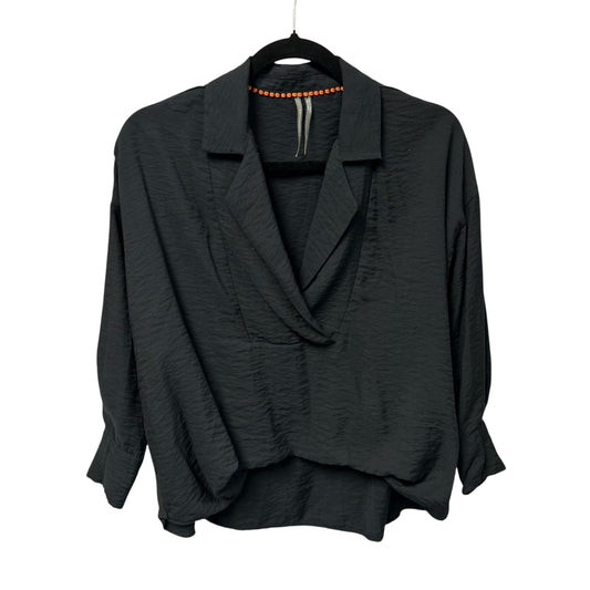 Anthropologie Black The Dylon Long-Sleeve Wide-Placket Collared Top Womens XXS
