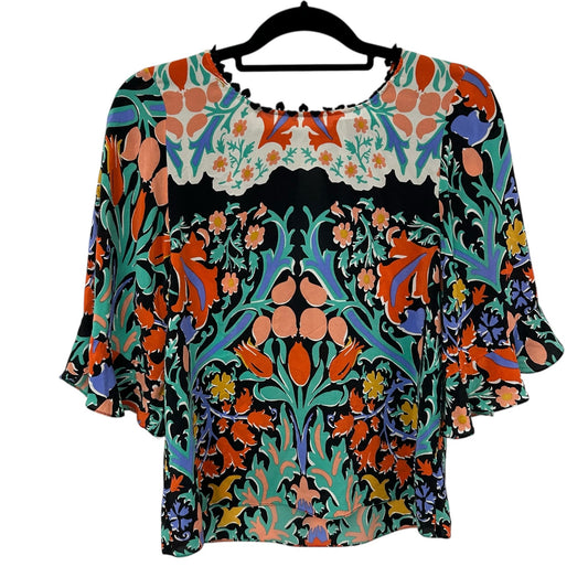 Maeve Black Multi Folkart Floral Print Short Sleeve Silk Kimono Top Womens 6