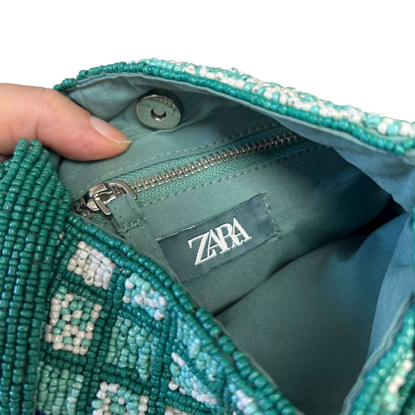 Zara Green Multicolor Beaded Sardine Fish Print Mini Bucket Single Strap Bag