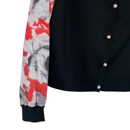 St. John Knit Pearl Button Front Floral Silk Sleeve Cardigan Sweater Small