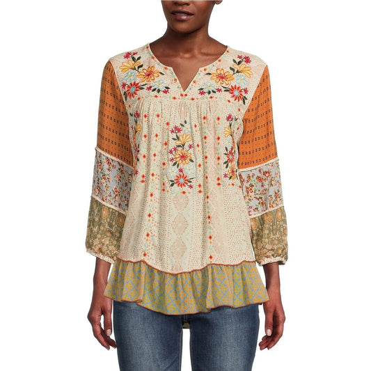 NWT John Mark Cream Multicolor Floral Print Mariposa Ruffle Top Womens Medium