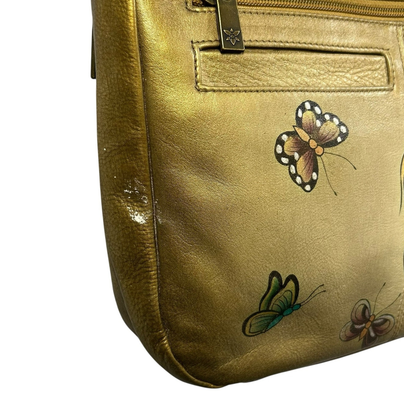 Anuschka Golden Horse Multicolor Butterflies Hand Painted Leather Shoulder Bag