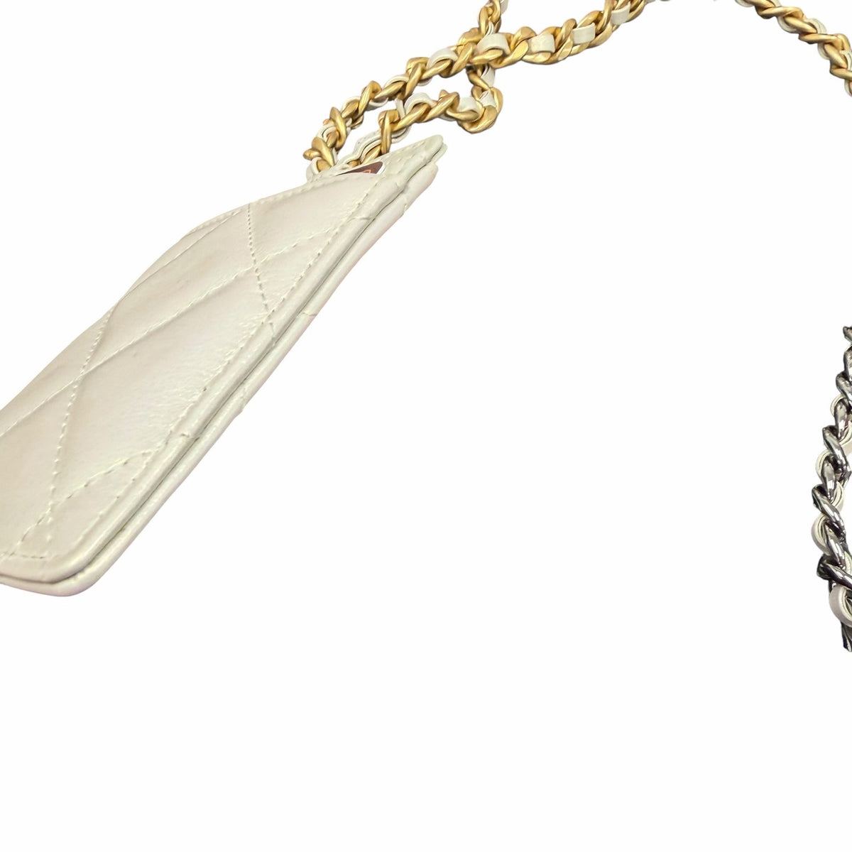 Chanel Quilted Iridescent Calfskin Card Holder On Chain White Luxury Designer