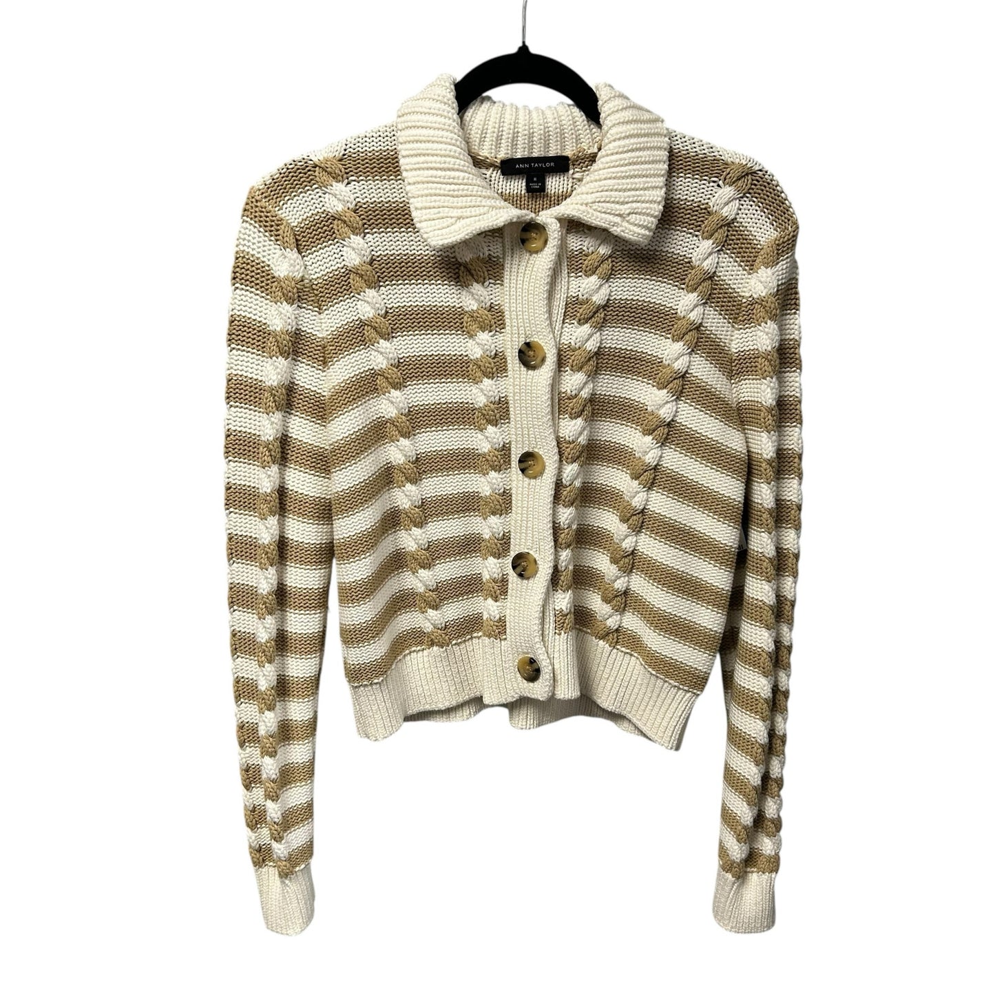 Ann Taylor Weekend Tan White Striped Cable Knit Cardigan Sweater Womens Medium