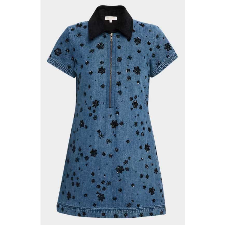 NWT Ramy Brook Rita Embellished Denim Mini Dress Blue Black Corduroy Collar XS